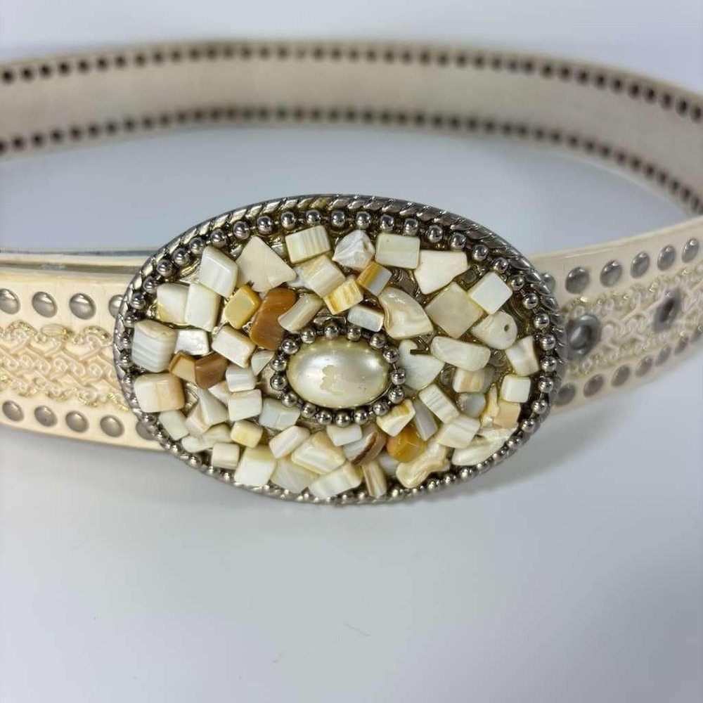Vintage 80'S Custom Made Faux Mother Of Pearl /Seashell 36" Leather Belt /Buckle